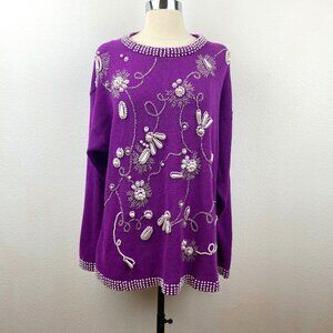 Vintage 80/90s Victoria Harbour Purple Sweater Large White Beads Art Holiday